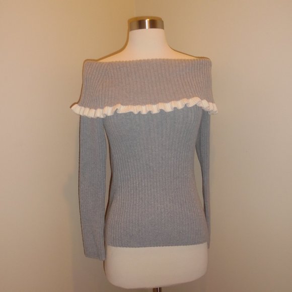 Intermix Gray Raylynn Ruffle Off Cold Shoulder Cocktail Sweater Top Pullover - Picture 5 of 12